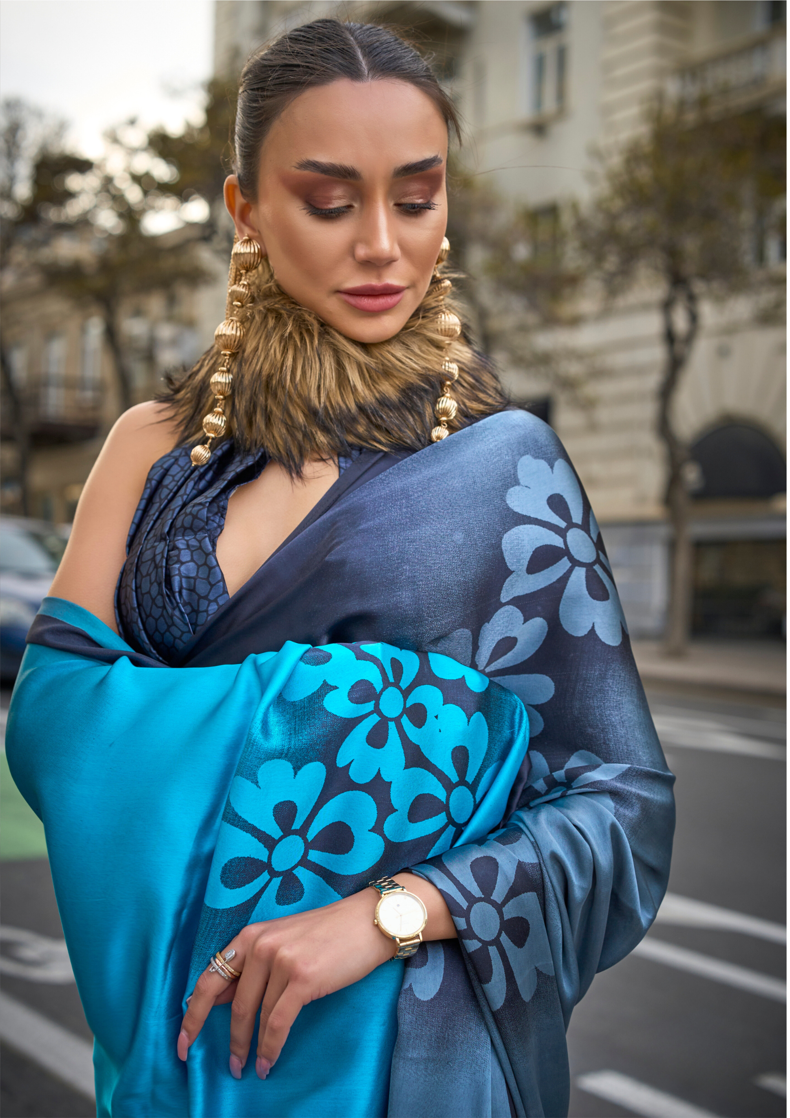 Shade of Blue Floral Print Satin Crepe Saree