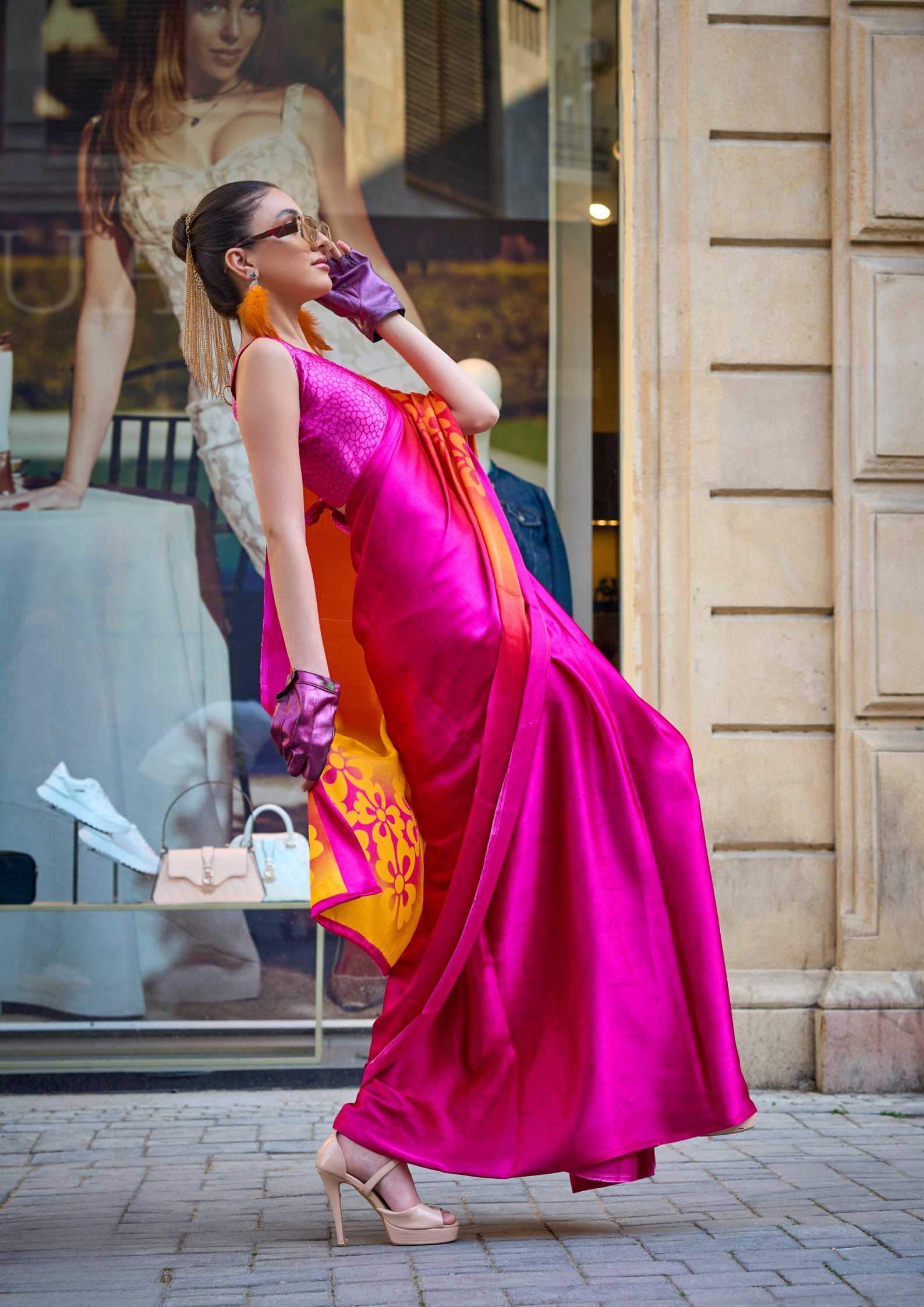 Bright Pink with Orange Shade Printed Satin Crepe Saree