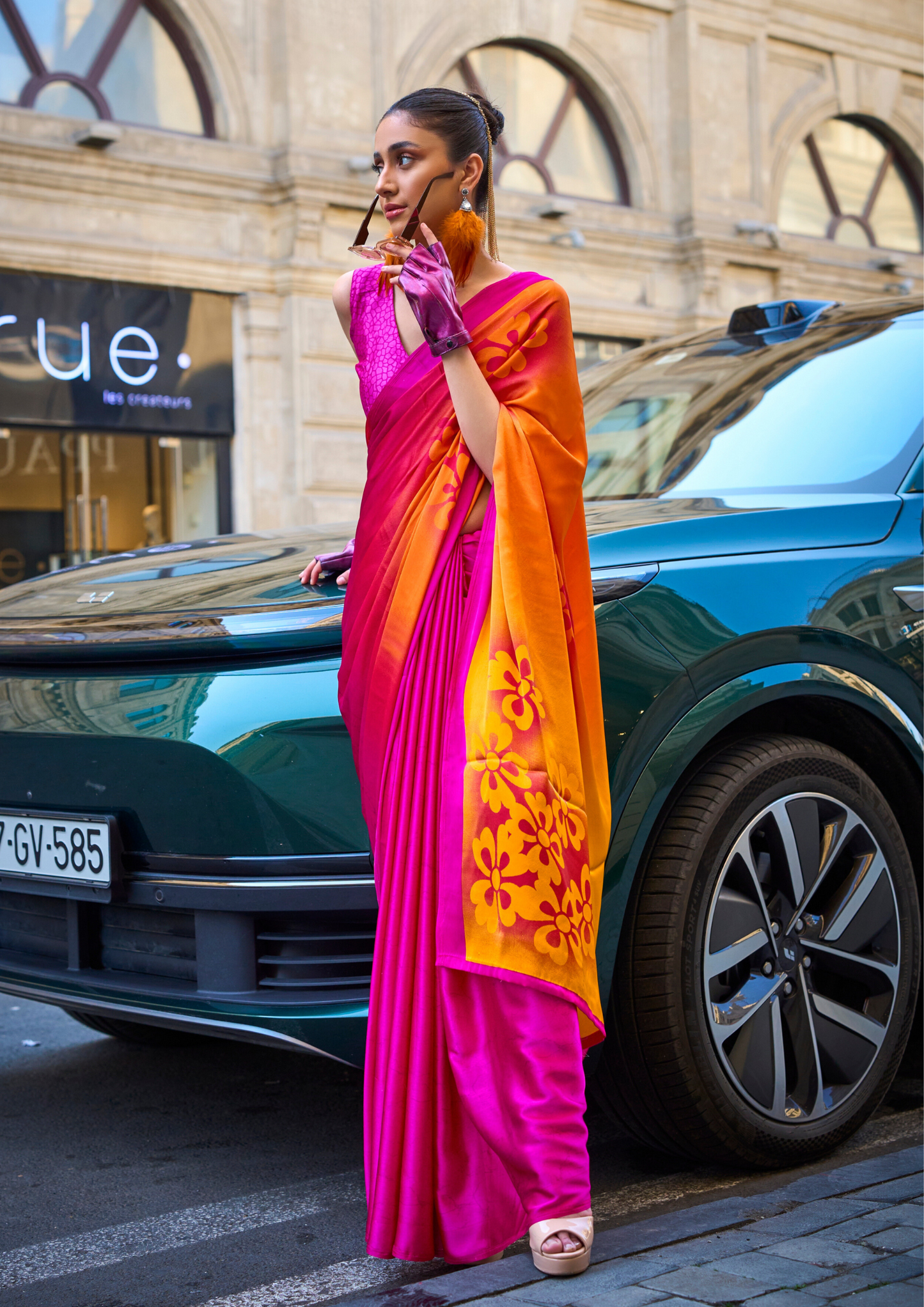 Bright Pink with Orange Shade Printed Satin Crepe Saree