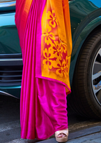 Bright Pink with Orange Shade Printed Satin Crepe Saree