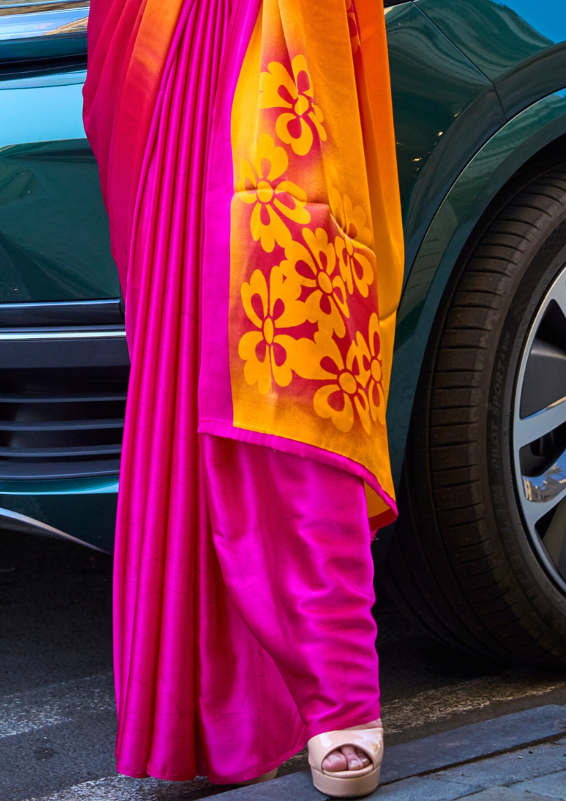 Bright Pink with Orange Shade Printed Satin Crepe Saree