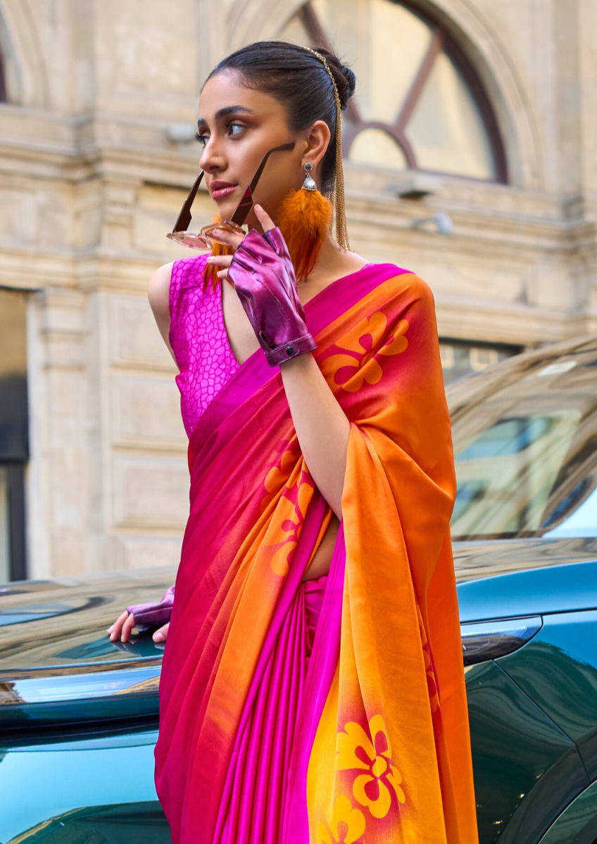 Bright Pink with Orange Shade Printed Satin Crepe Saree