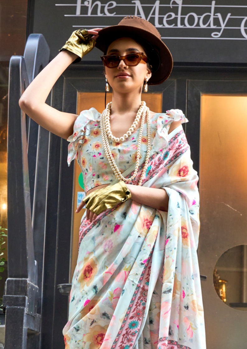 Multicolor Printed Satin Georgette Saree