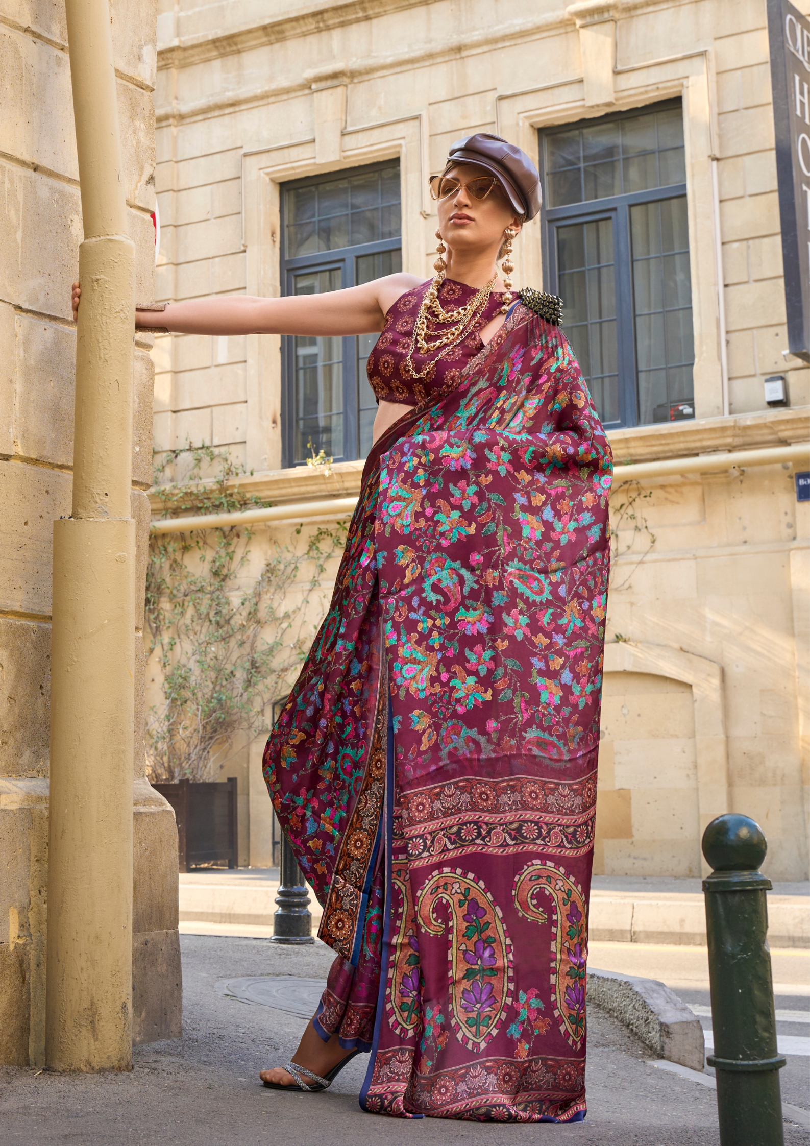 Royal Pink Multicolor Printed Satin Georgette Saree