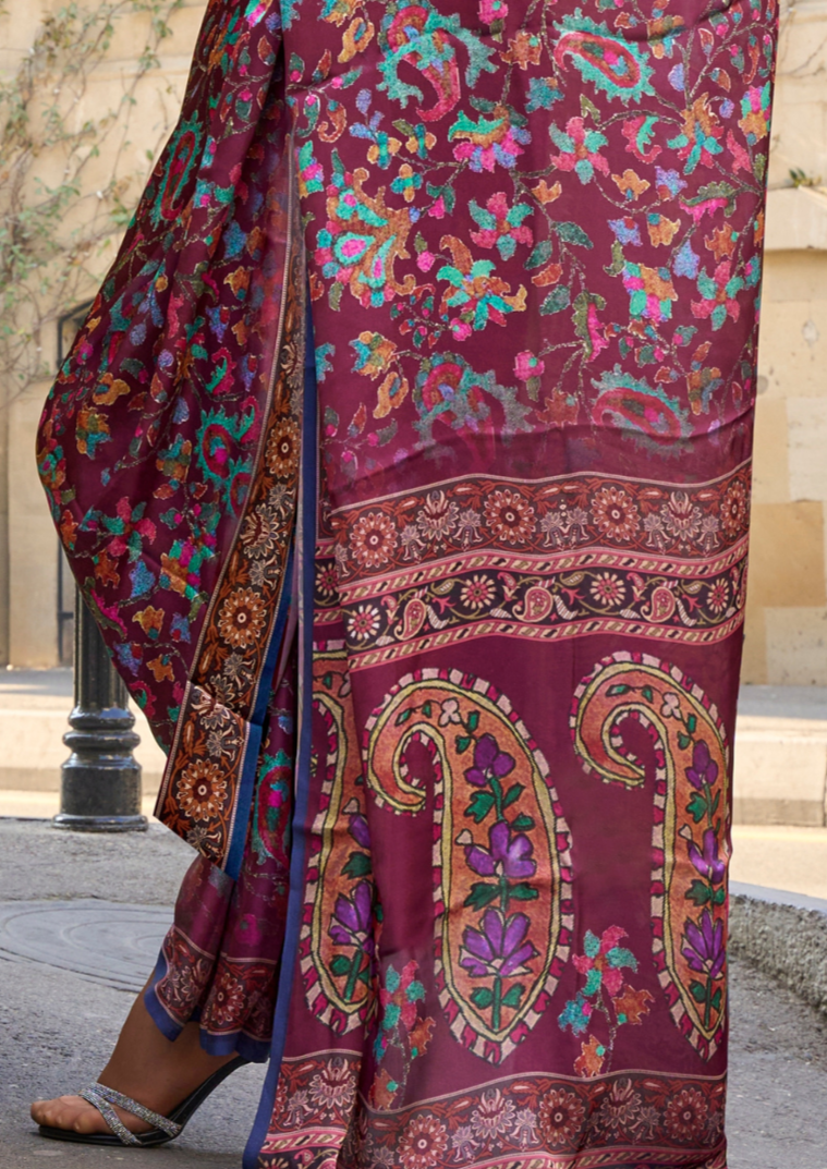 Royal Pink Multicolor Printed Satin Georgette Saree