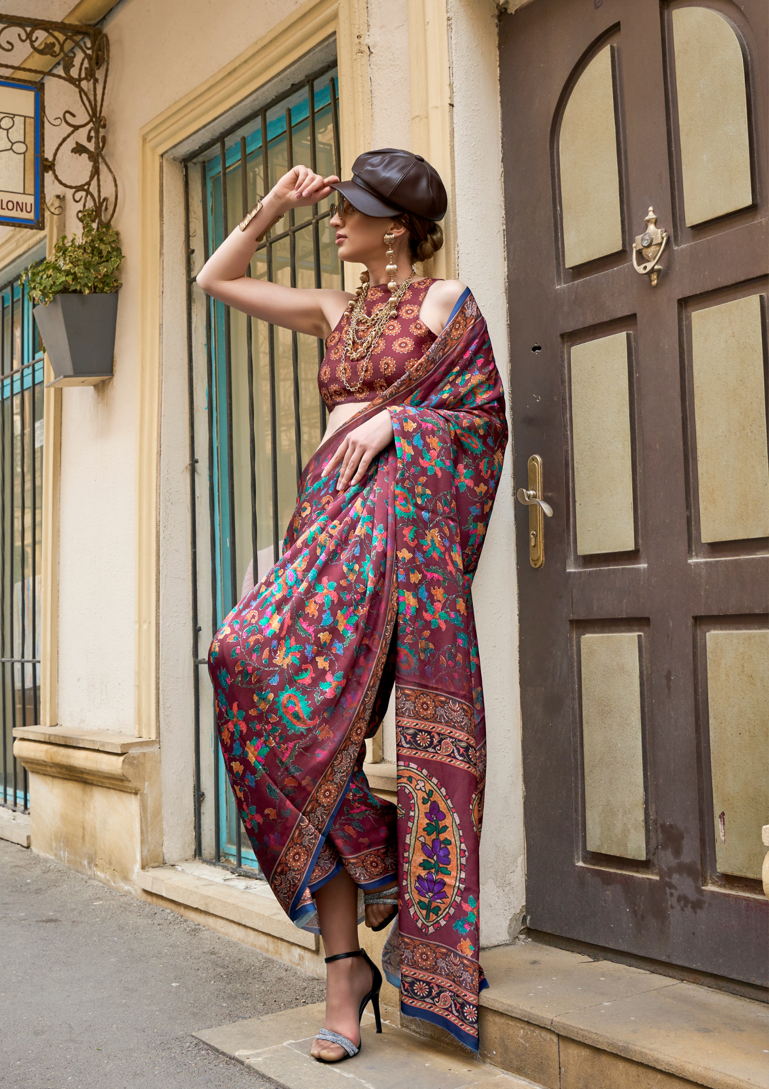 Royal Pink Multicolor Printed Satin Georgette Saree