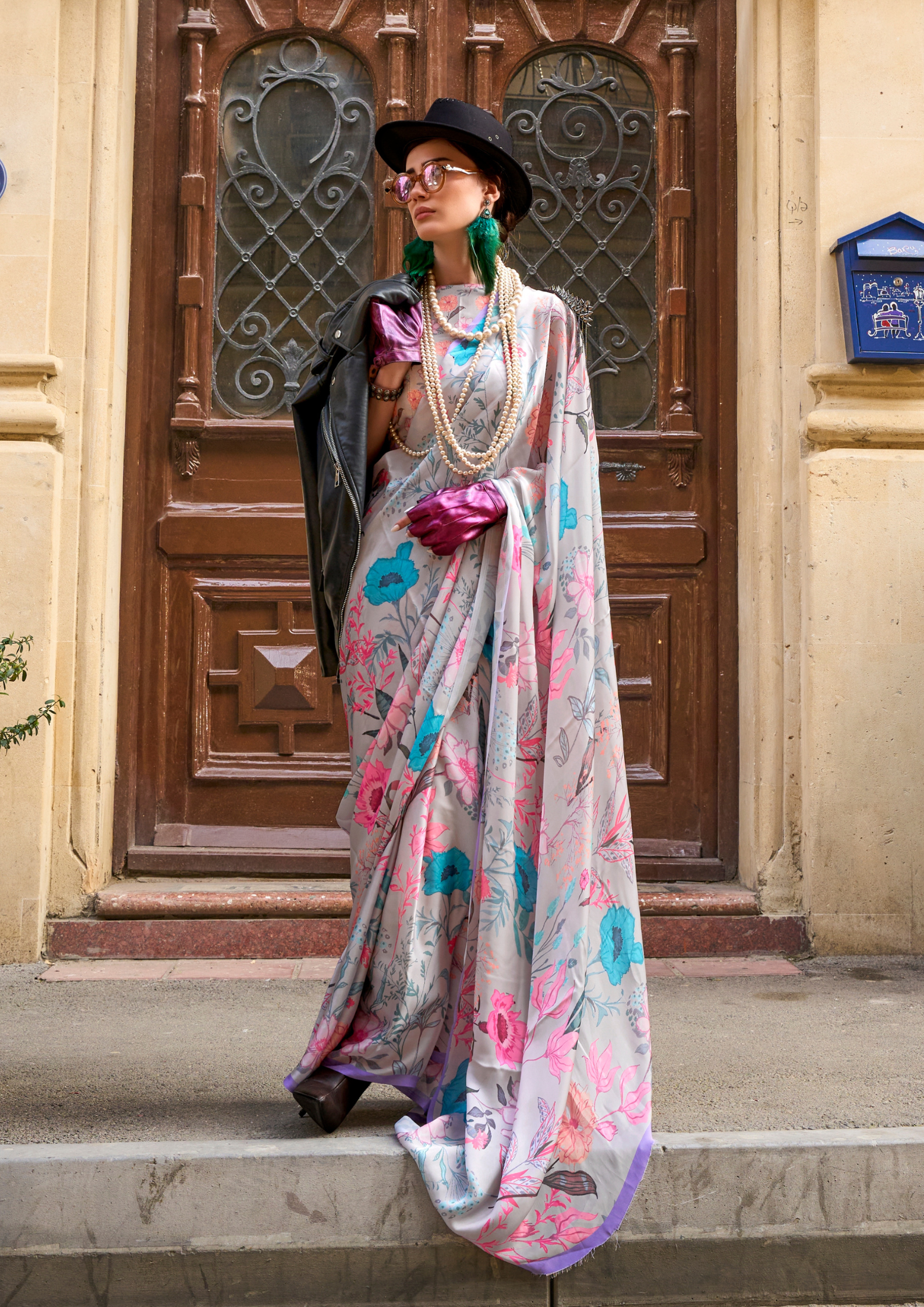 Multicolor Floral Printed Satin Georgette Saree