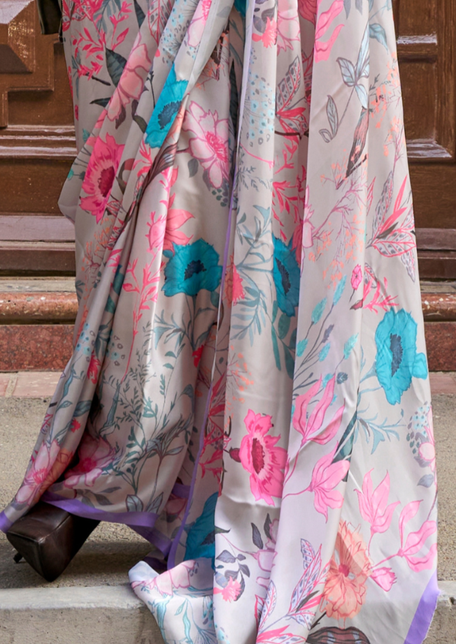 Multicolor Floral Printed Satin Georgette Saree