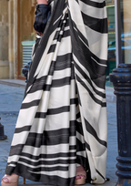 White and Black Zebra Print Satin Crepe Saree