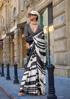 White and Black Zebra Print Satin Crepe Saree