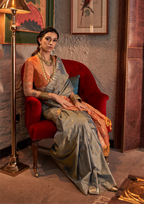 Grey Tussar Silk Handloom Weaving Saree with Contrast Ikkat Pallu