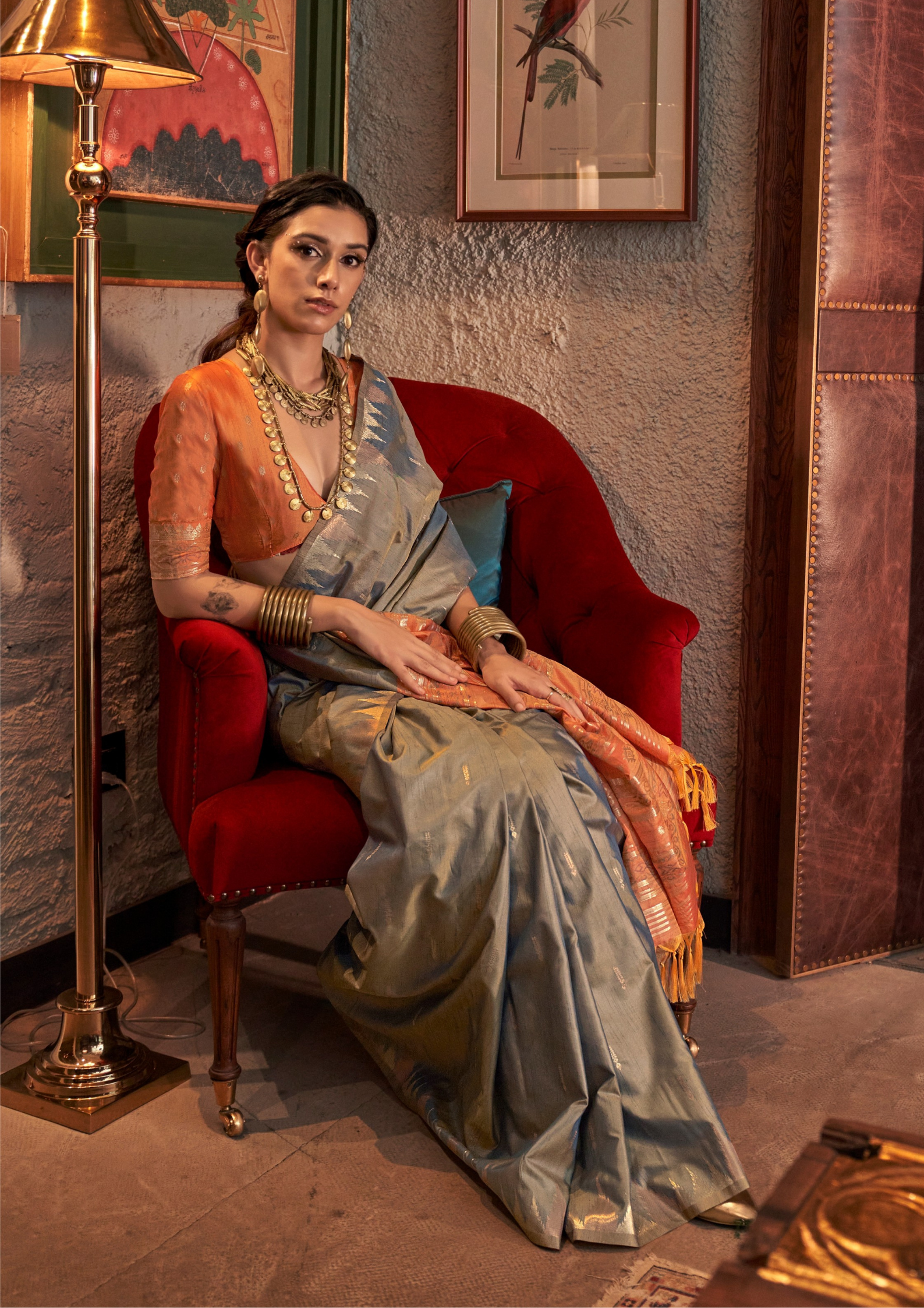 Grey Tussar Silk Handloom Weaving Saree with Contrast Ikkat Pallu