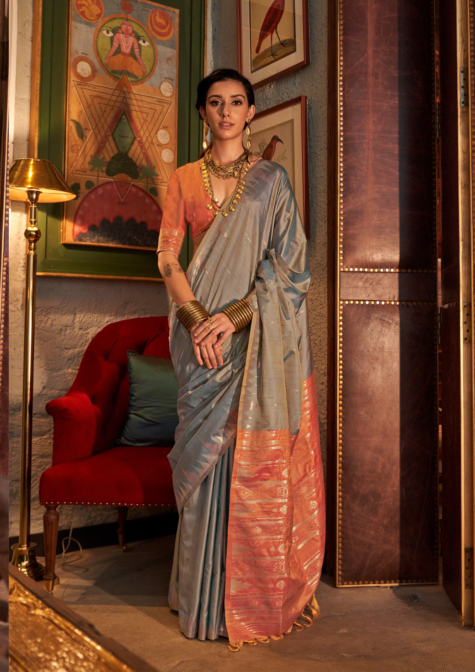 Grey Tussar Silk Handloom Weaving Saree with Contrast Ikkat Pallu