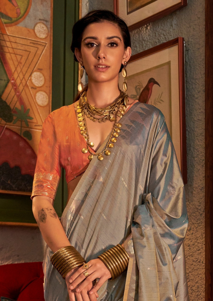 Grey Tussar Silk Handloom Weaving Saree with Contrast Ikkat Pallu