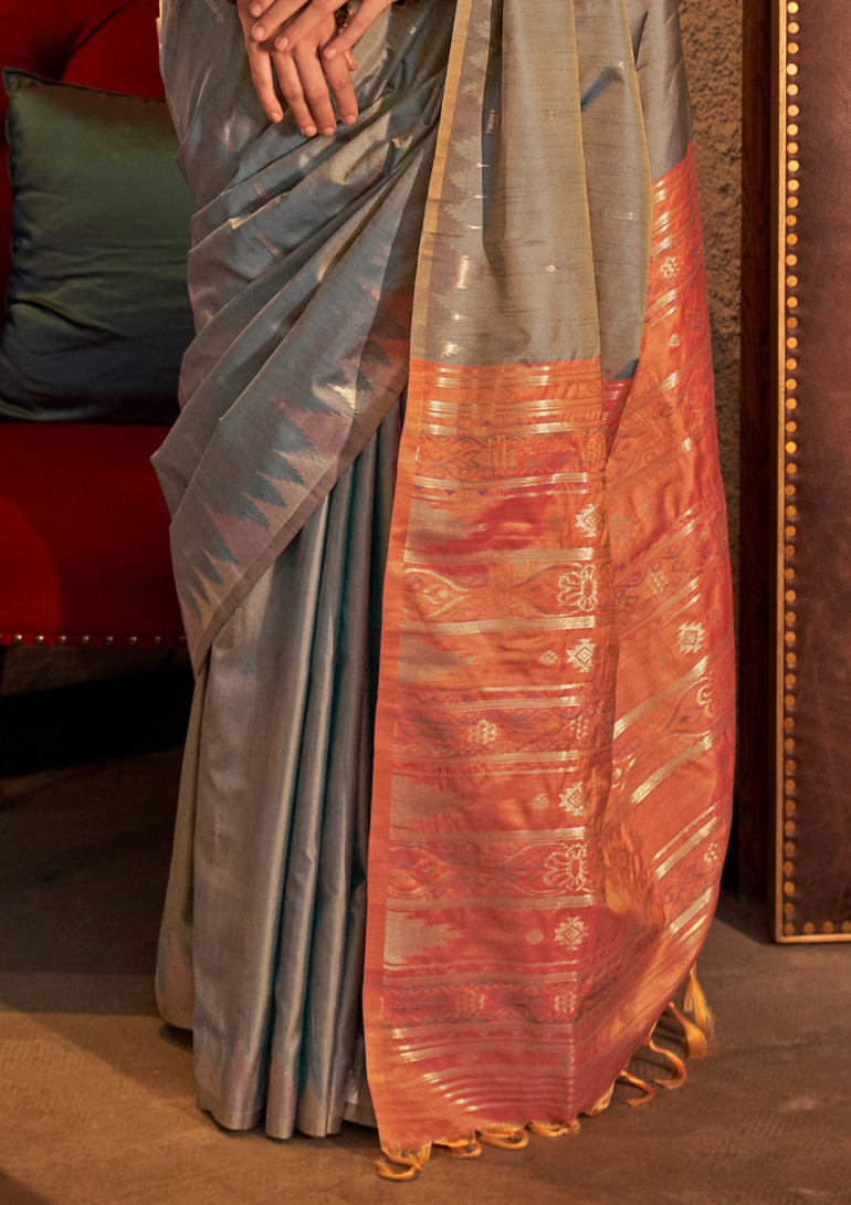 Grey Tussar Silk Handloom Weaving Saree with Contrast Ikkat Pallu
