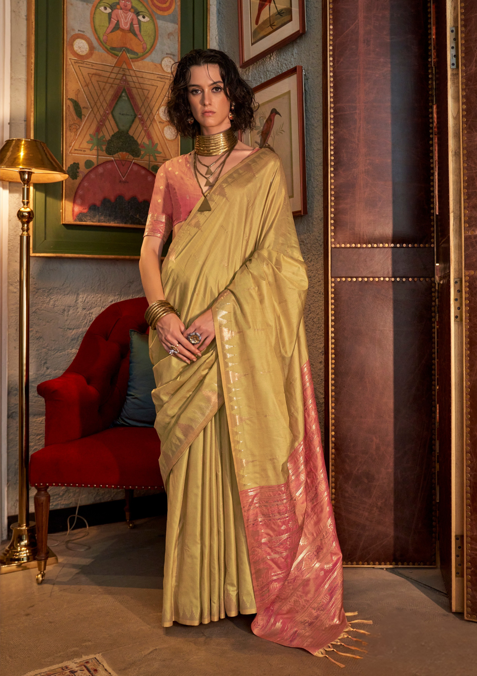 Yellow Tussar Silk Handloom Weaving Saree with Contrast Ikkat Pallu