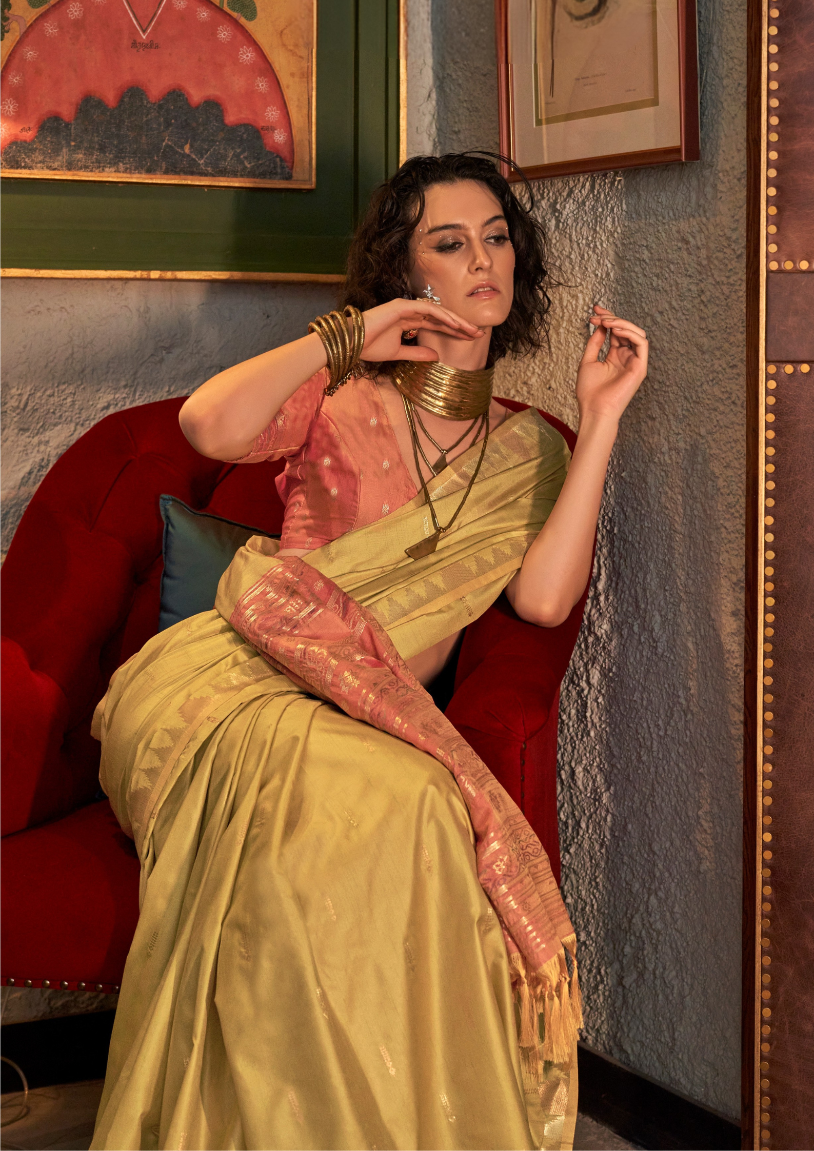 Yellow Tussar Silk Handloom Weaving Saree with Contrast Ikkat Pallu