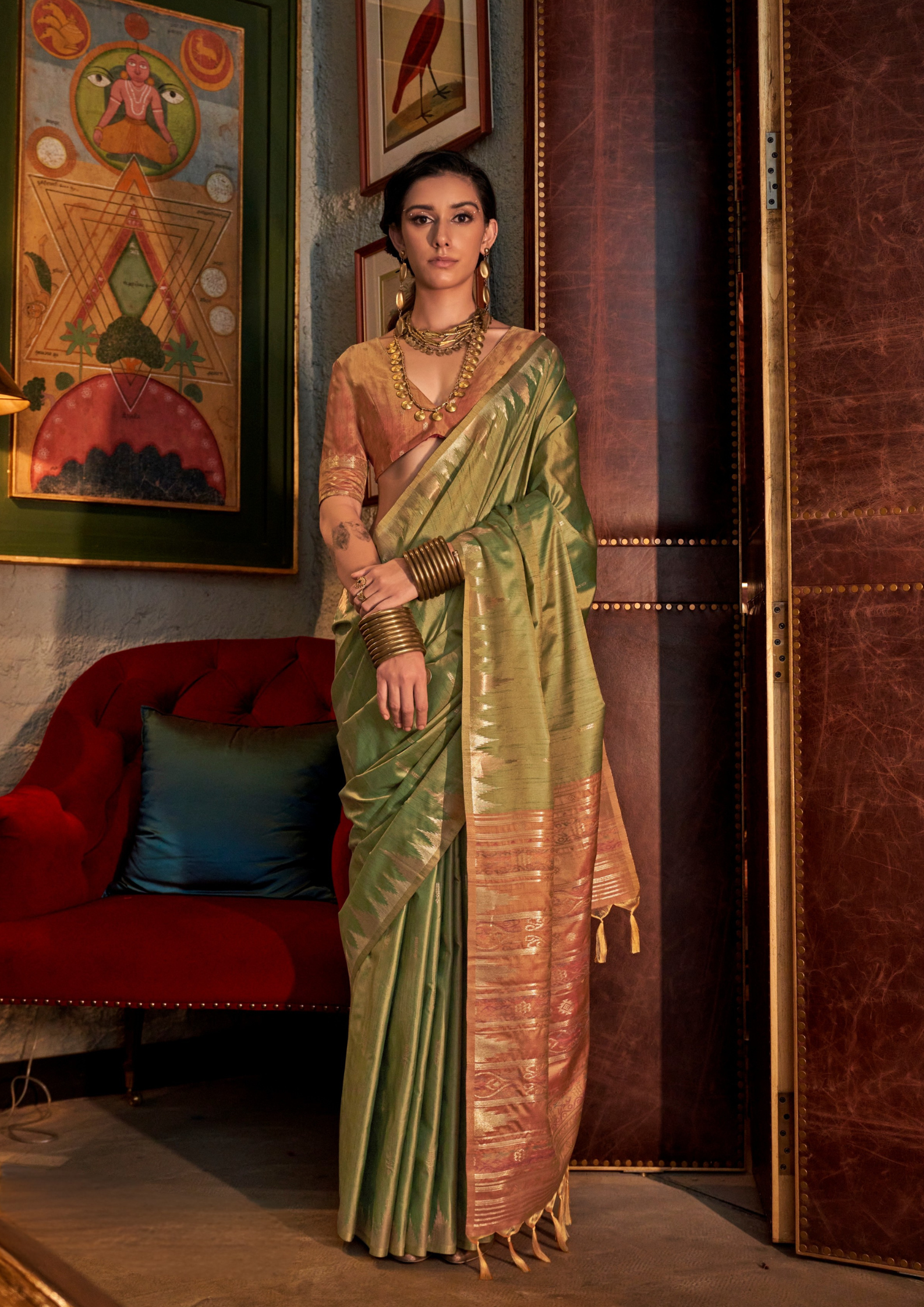 Green Tussar Silk Handloom Weaving Saree with Contrast Ikkat Pallu