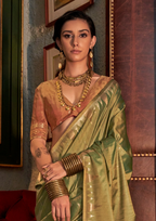 Green Tussar Silk Handloom Weaving Saree with Contrast Ikkat Pallu