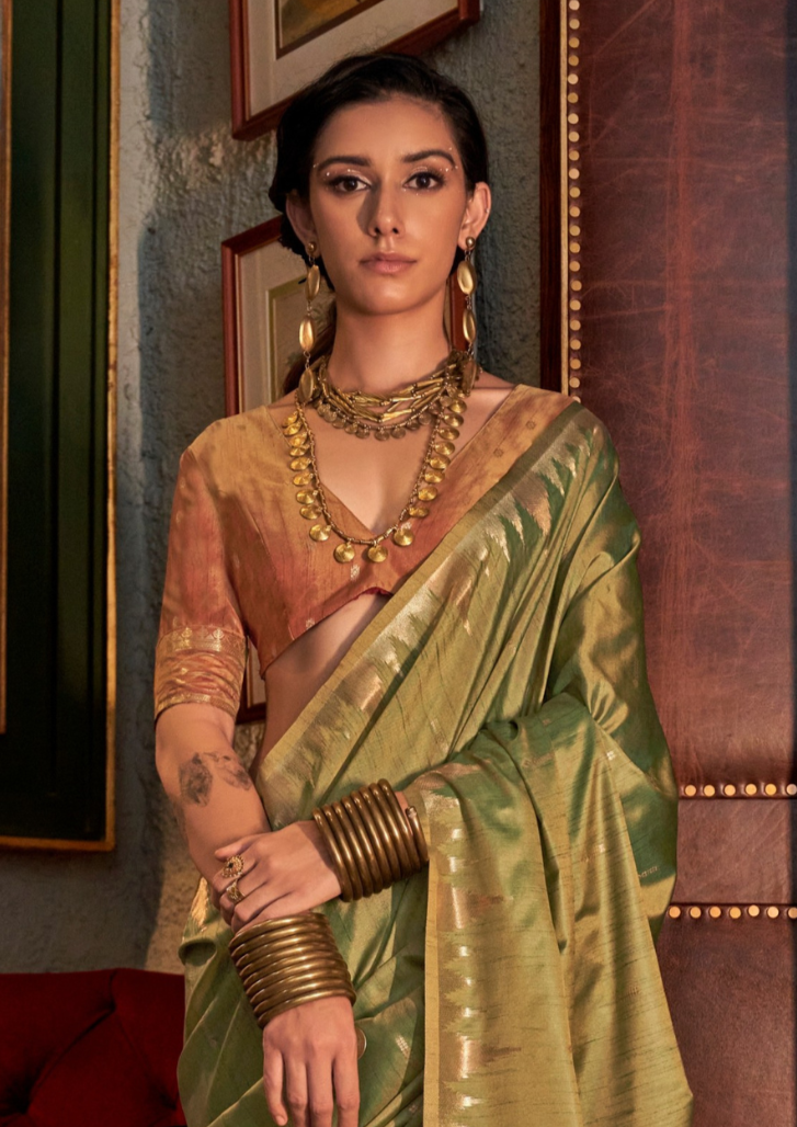 Green Tussar Silk Handloom Weaving Saree with Contrast Ikkat Pallu