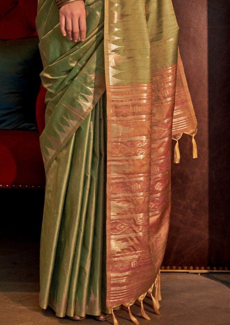 Green Tussar Silk Handloom Weaving Saree with Contrast Ikkat Pallu