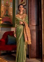 Green Tussar Silk Handloom Weaving Saree with Contrast Ikkat Pallu