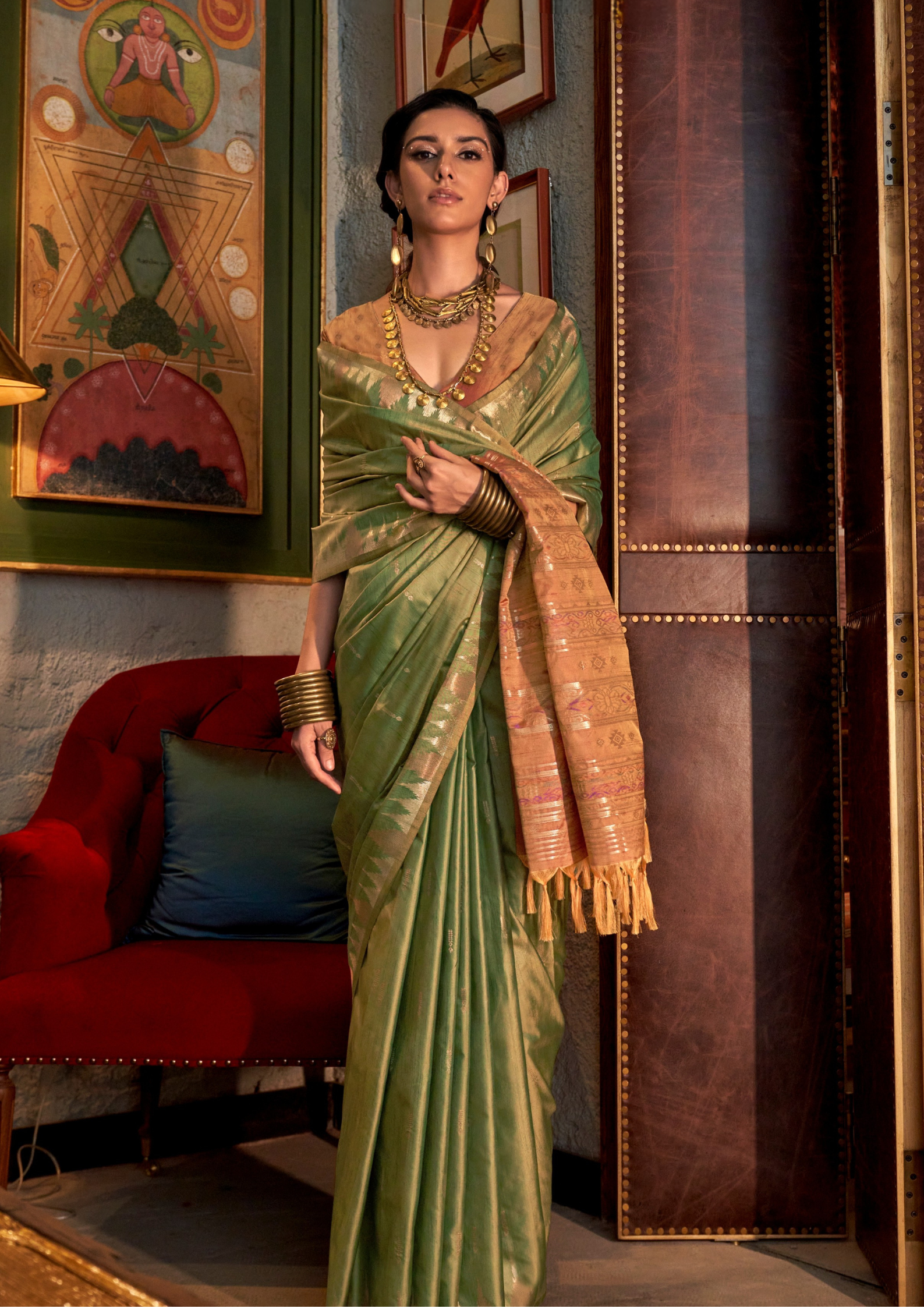 Green Tussar Silk Handloom Weaving Saree with Contrast Ikkat Pallu