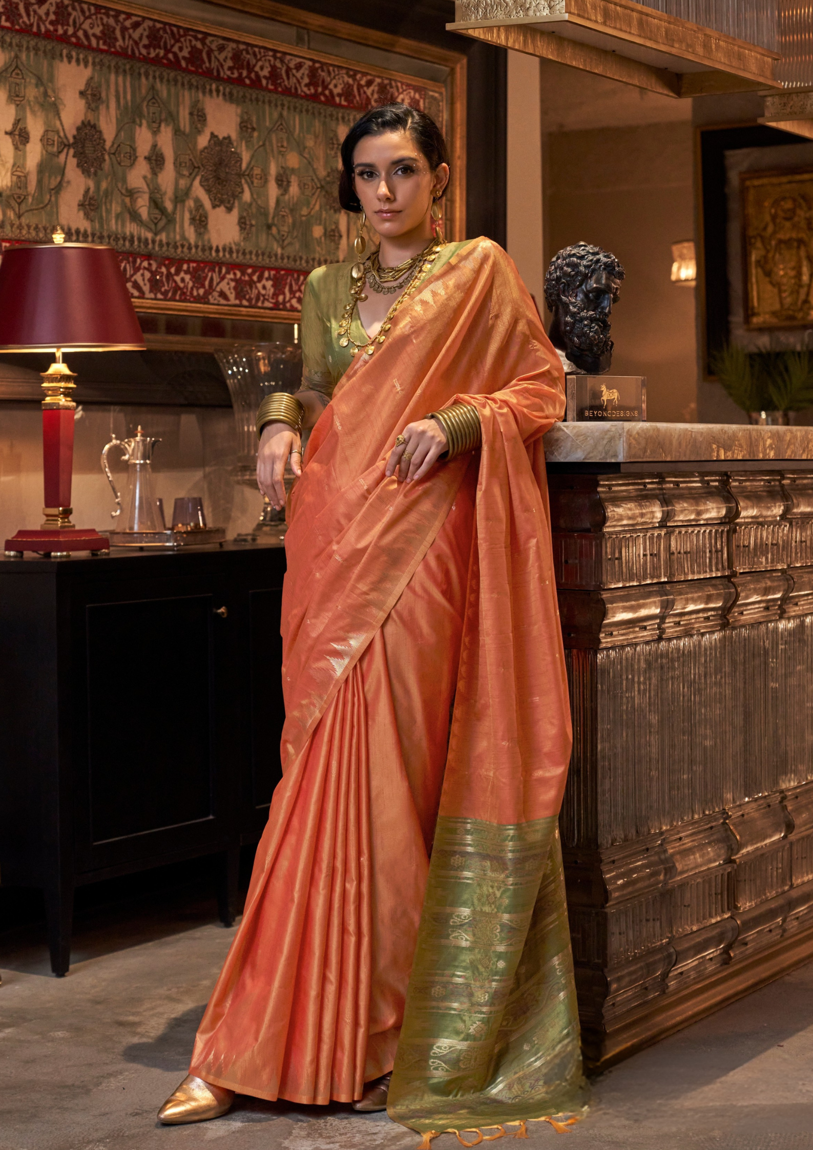 Orange Tussar Silk Handloom Weaving Saree with Contrast Ikkat Pallu