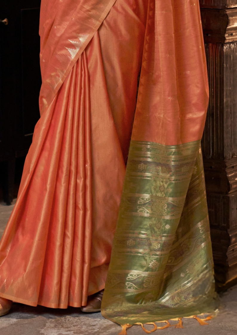 Orange Tussar Silk Handloom Weaving Saree with Contrast Ikkat Pallu