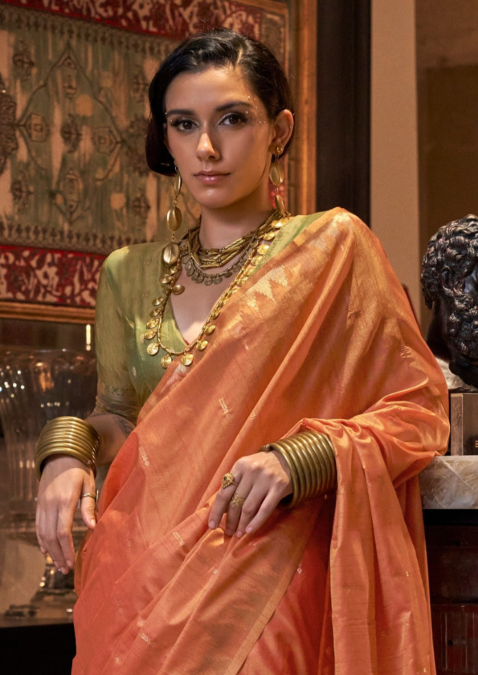 Orange Tussar Silk Handloom Weaving Saree with Contrast Ikkat Pallu