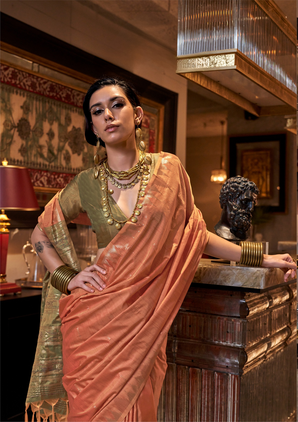 Orange Tussar Silk Handloom Weaving Saree with Contrast Ikkat Pallu