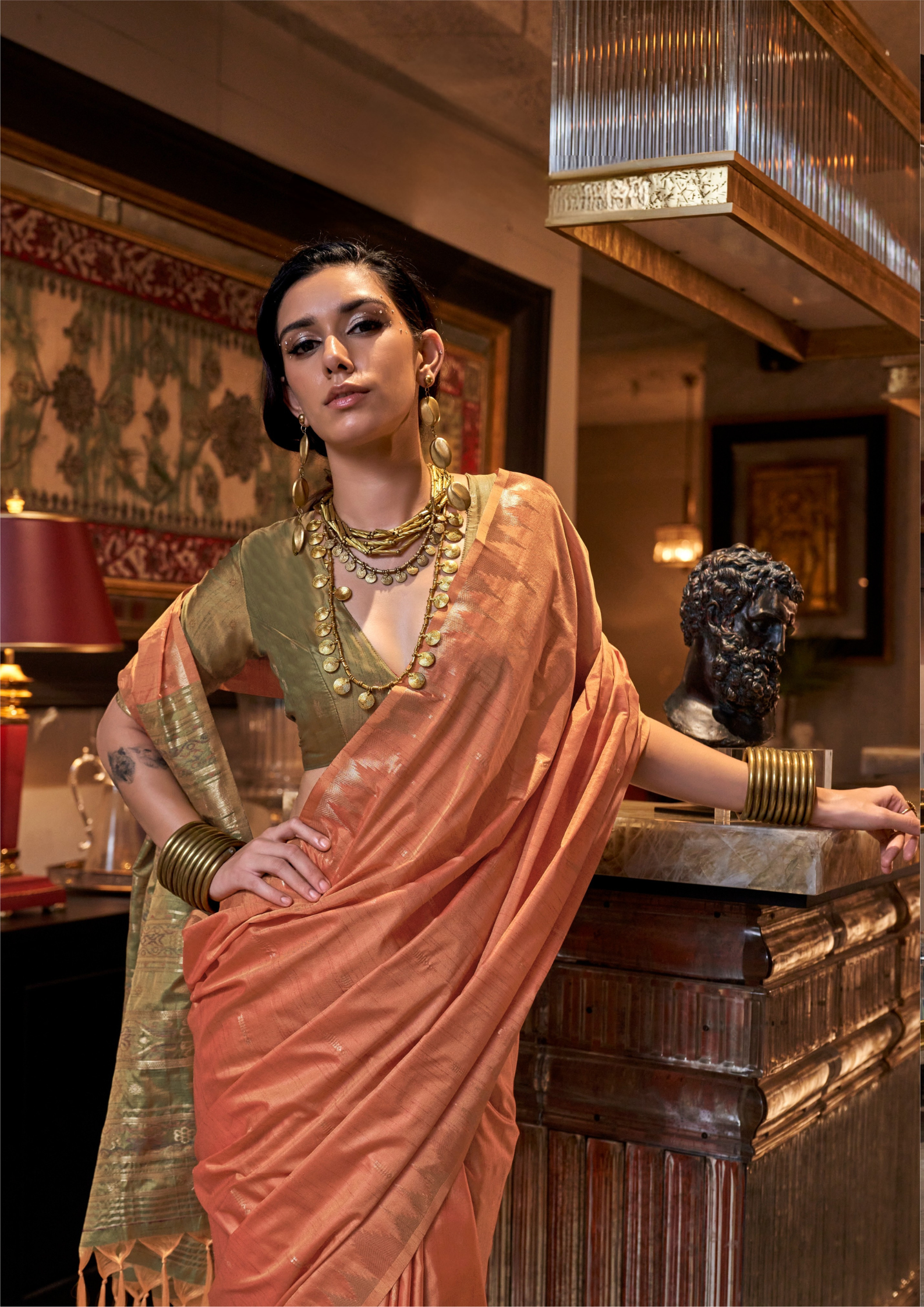 Orange Tussar Silk Handloom Weaving Saree with Contrast Ikkat Pallu