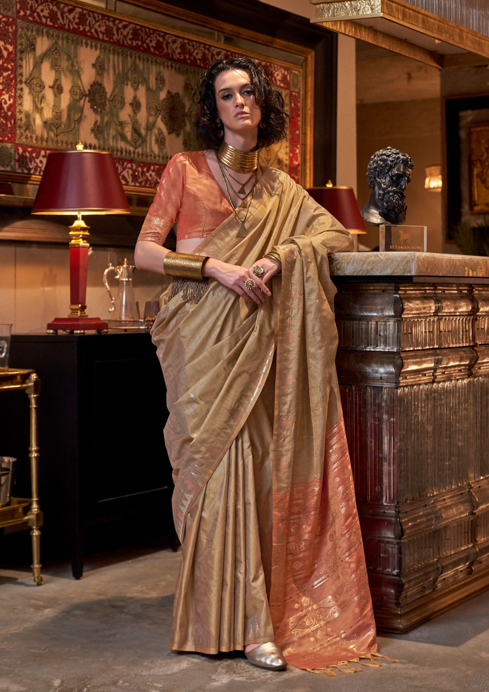 Gold Tussar Silk Handloom Weaving Saree with Contrast Ikkat Pallu