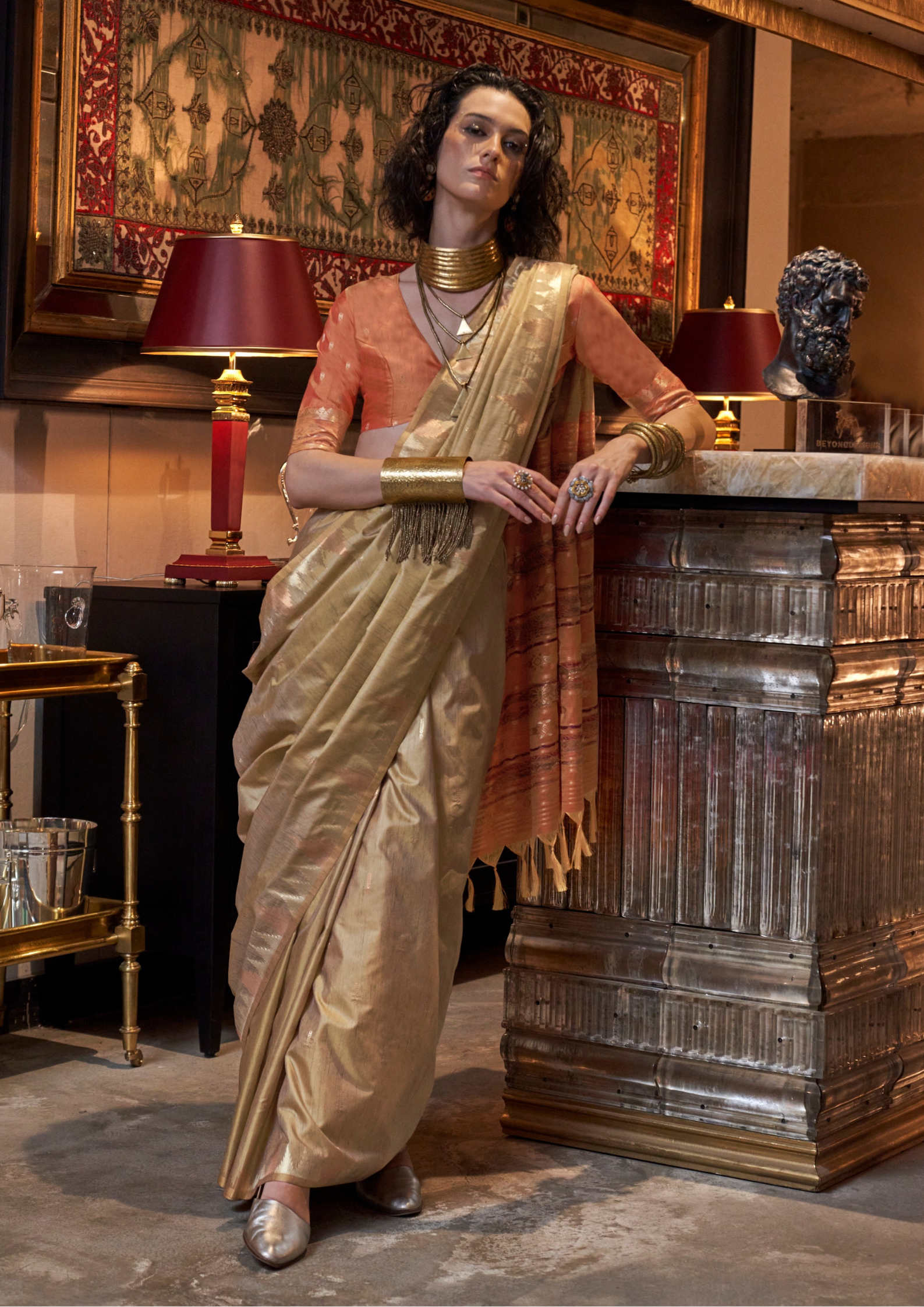 Gold Tussar Silk Handloom Weaving Saree with Contrast Ikkat Pallu