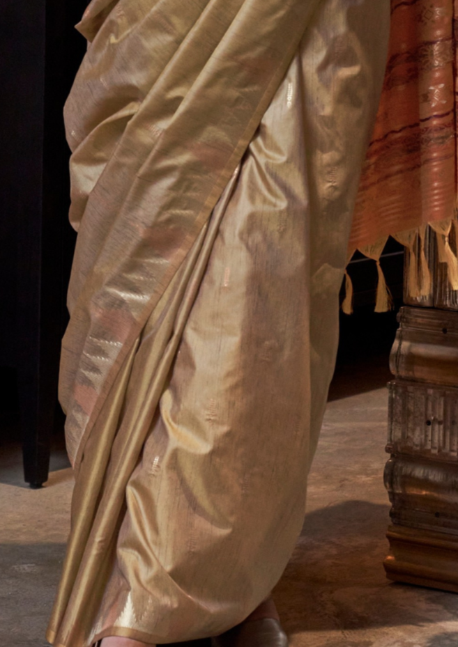 Gold Tussar Silk Handloom Weaving Saree with Contrast Ikkat Pallu