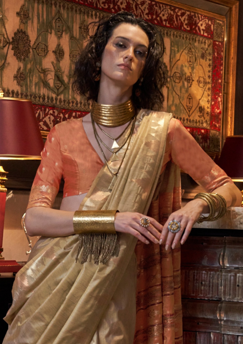 Gold Tussar Silk Handloom Weaving Saree with Contrast Ikkat Pallu