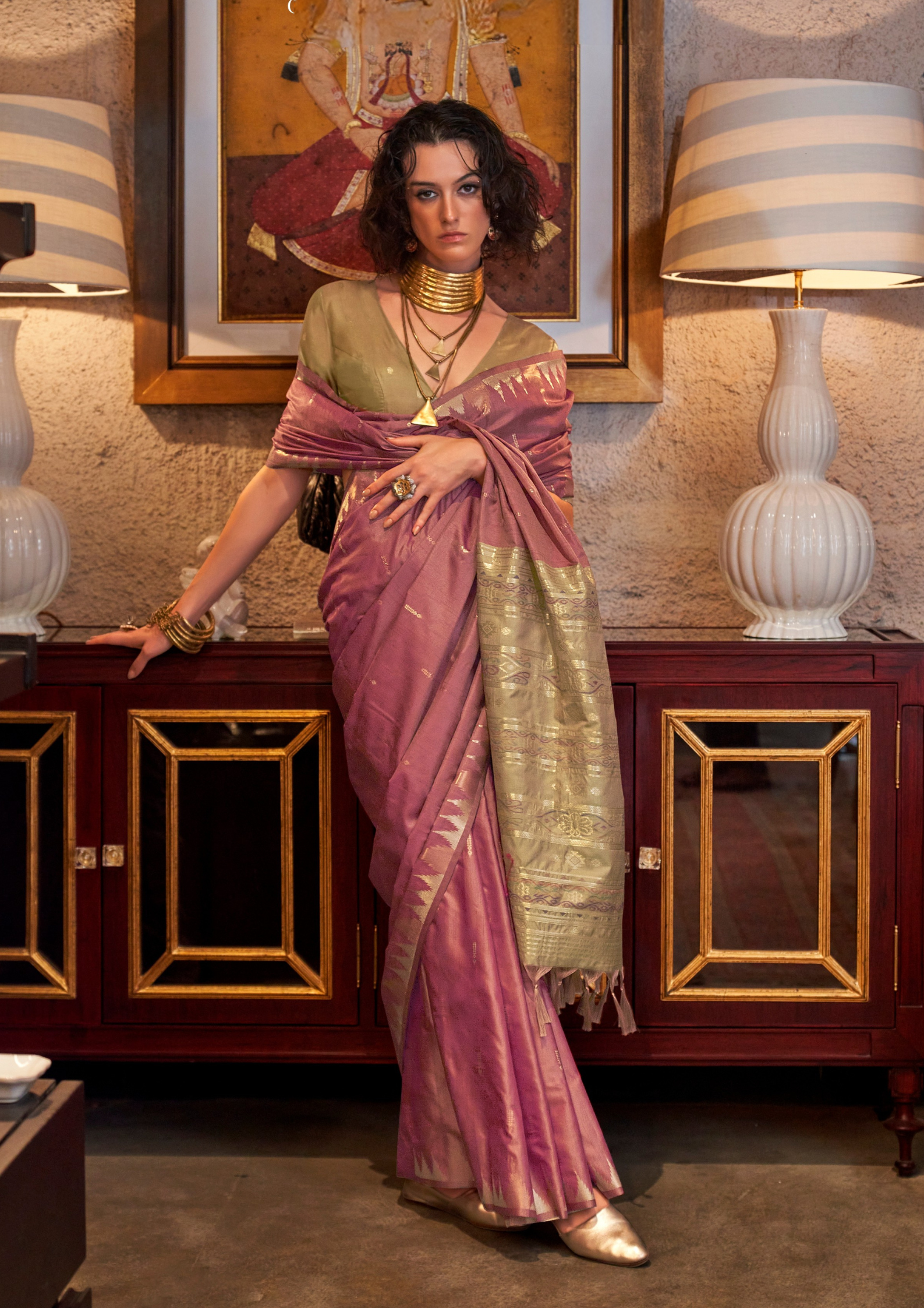 Pink Tussar Silk Handloom Weaving Saree with Contrast Ikkat Pallu