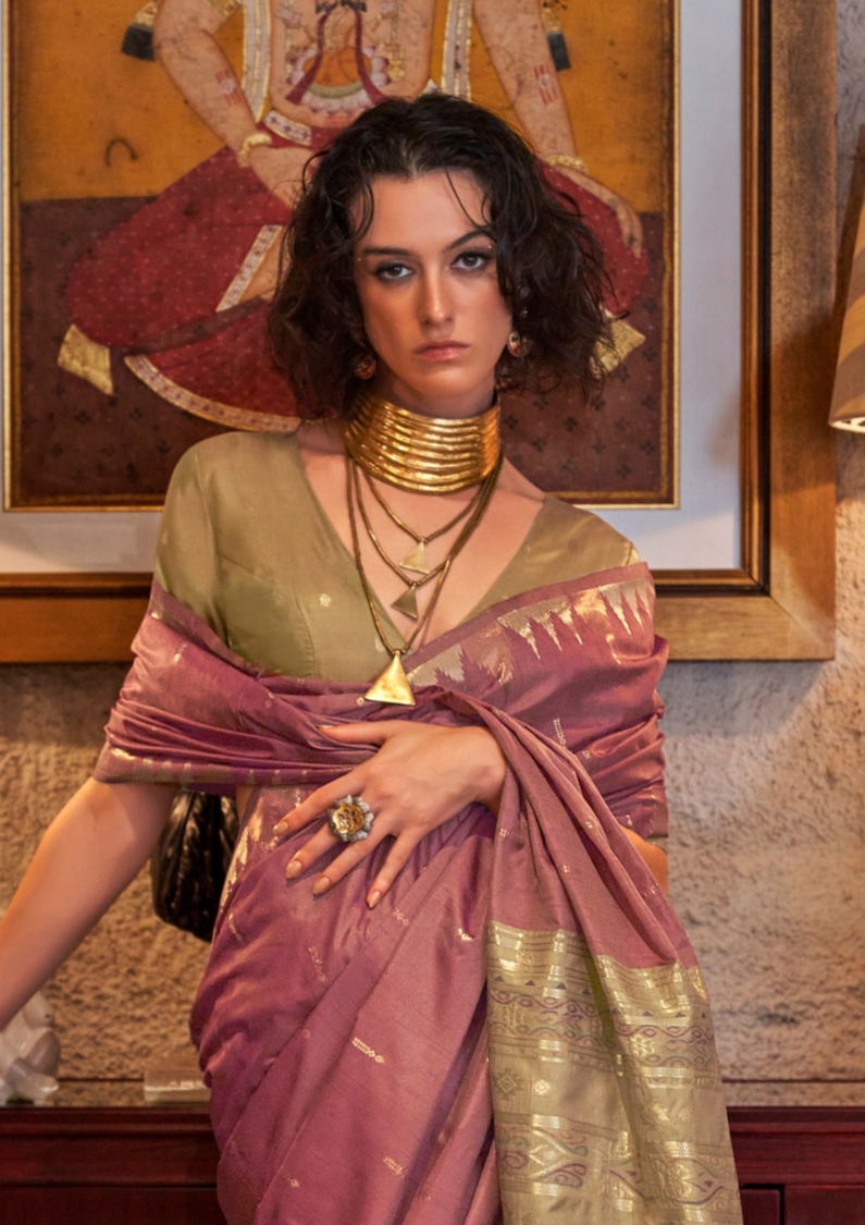 Pink Tussar Silk Handloom Weaving Saree with Contrast Ikkat Pallu