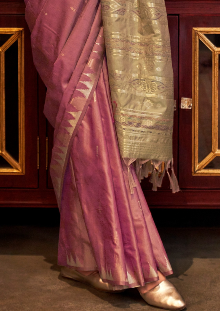 Pink Tussar Silk Handloom Weaving Saree with Contrast Ikkat Pallu