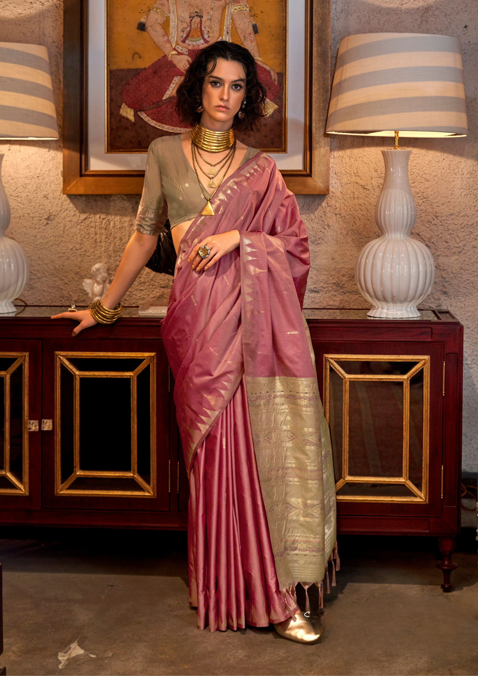 Pink Tussar Silk Handloom Weaving Saree with Contrast Ikkat Pallu