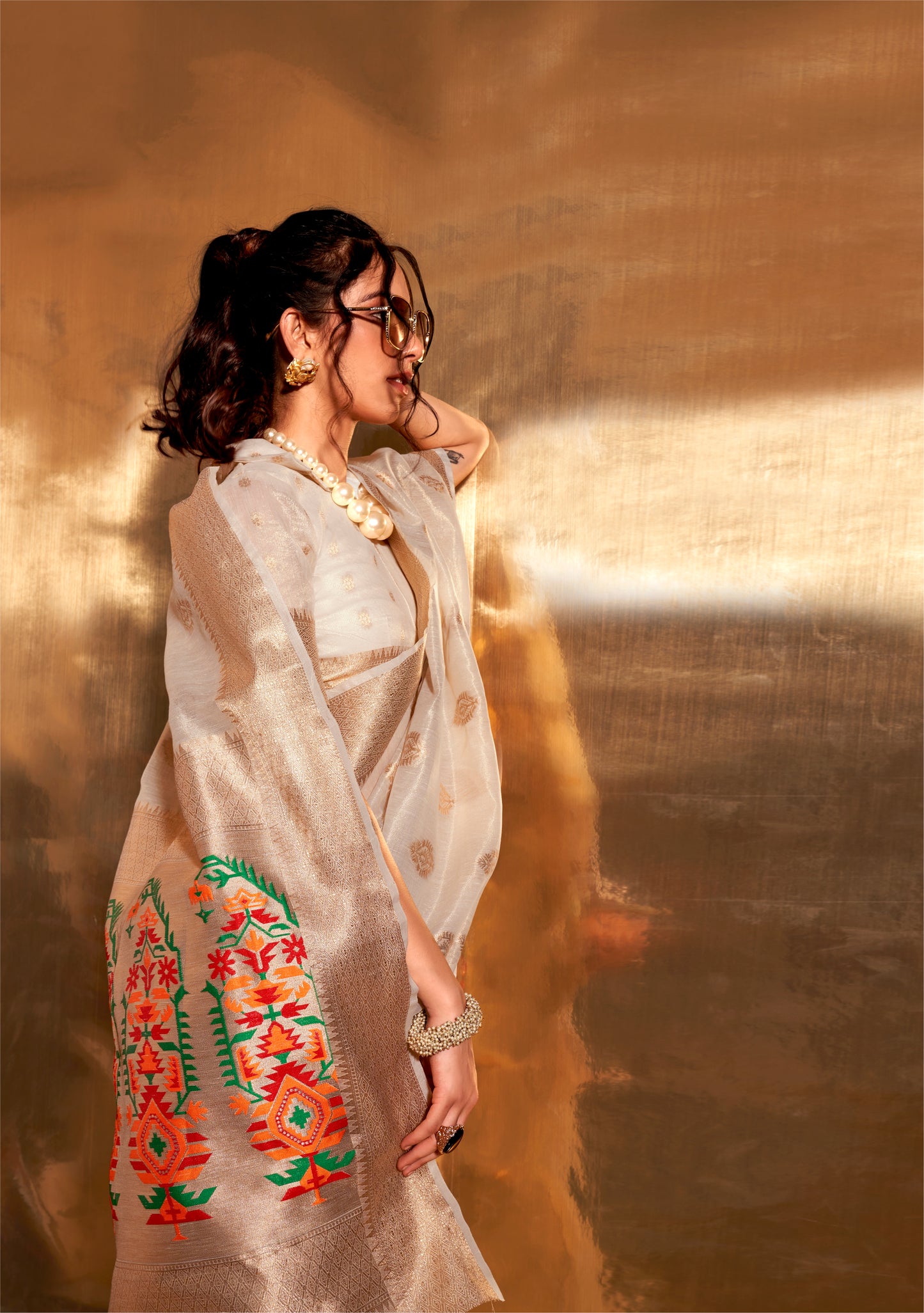 Creamy White Paithani Zari Tissue Saree