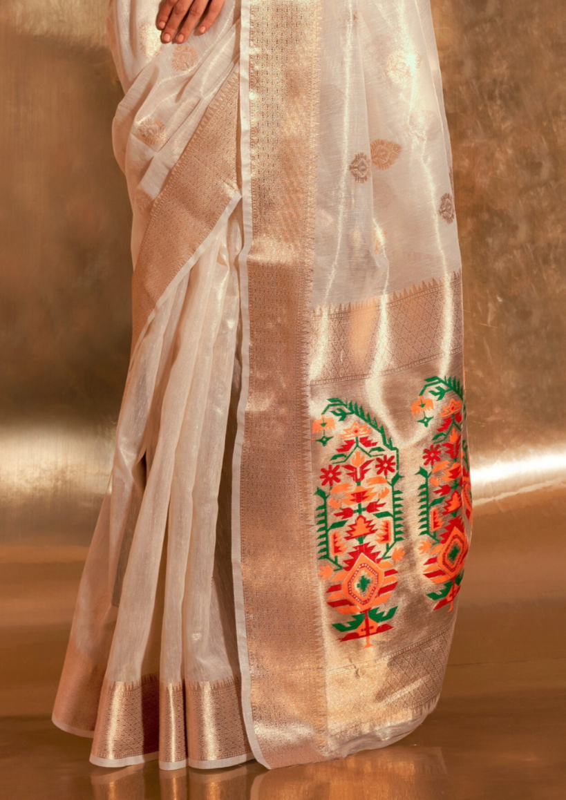Creamy White Paithani Zari Tissue Saree