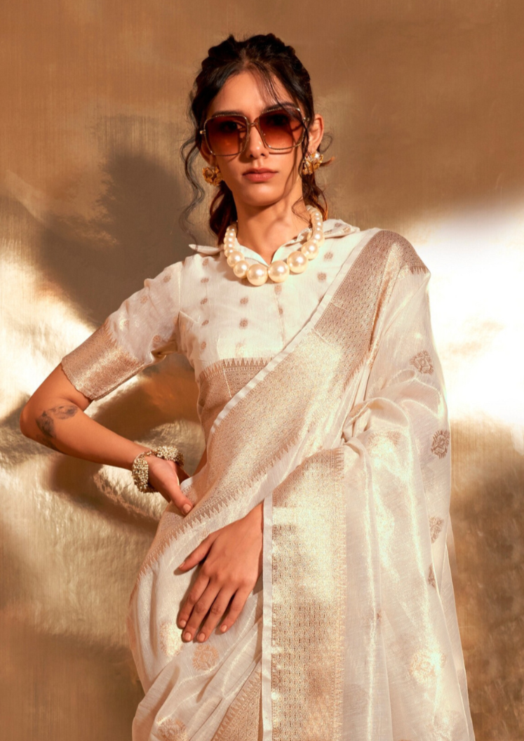 Creamy White Paithani Zari Tissue Saree