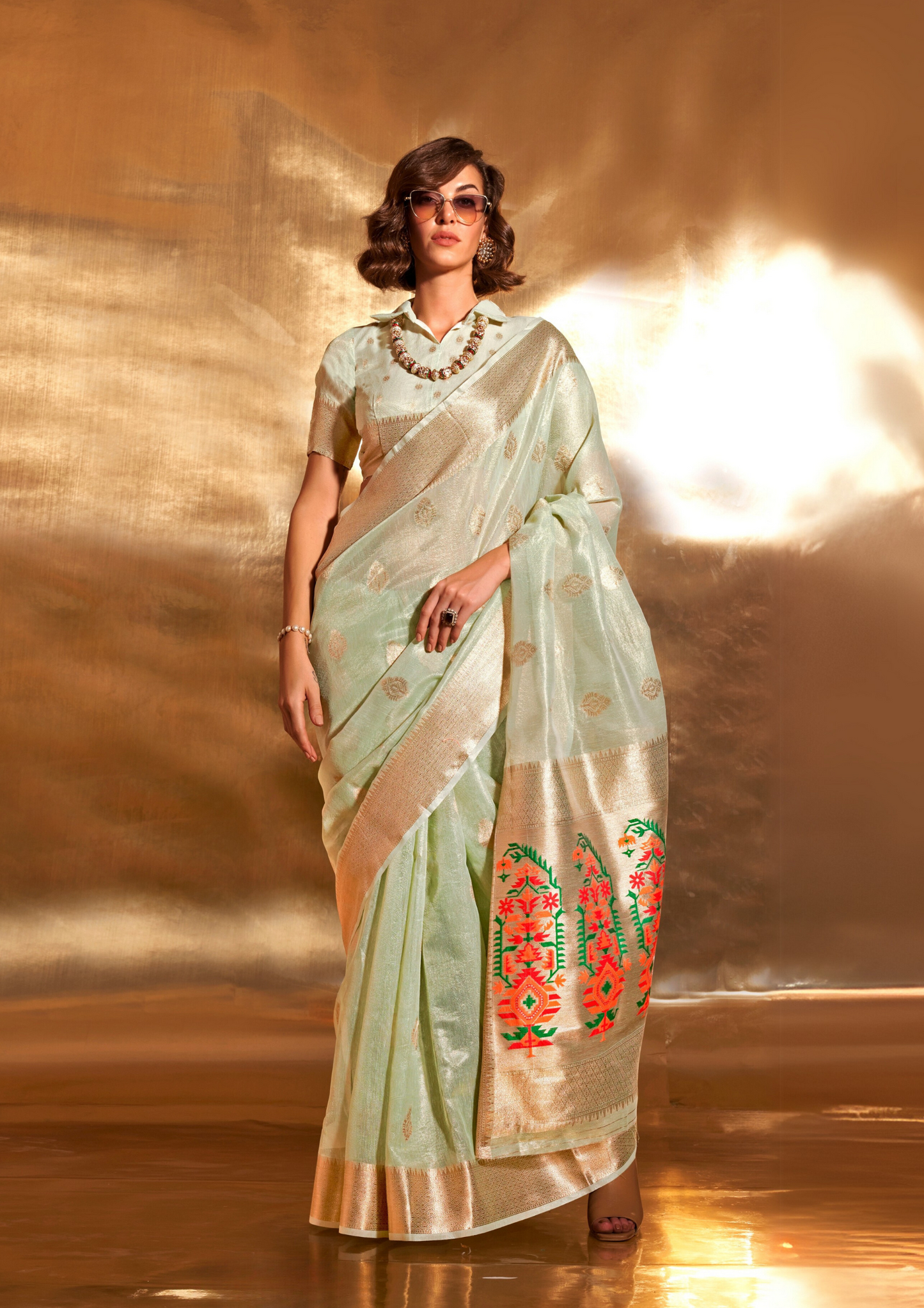 Pista Green Paithani Zari Tissue Saree