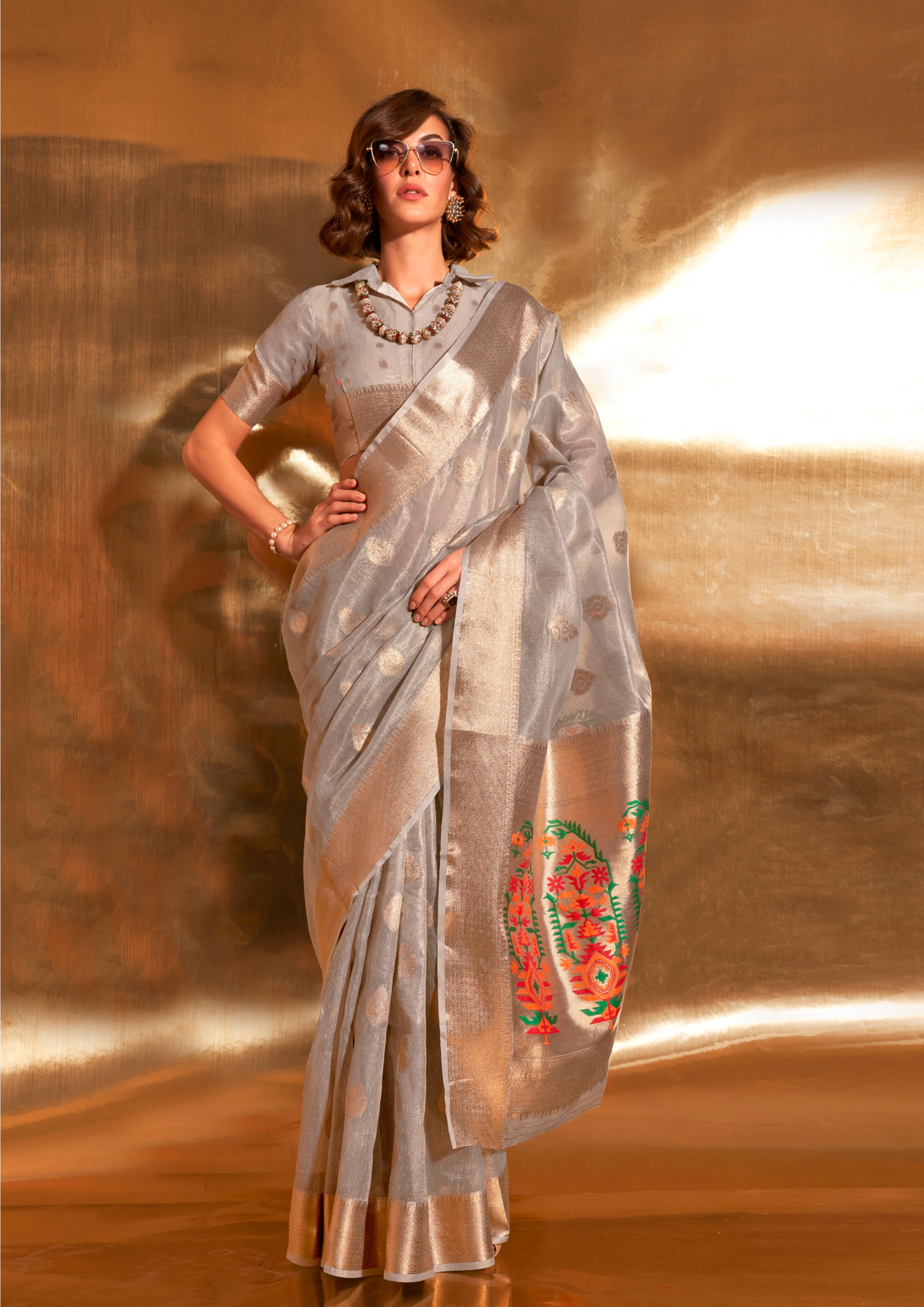 Grey Paithani Zari Tissue Saree
