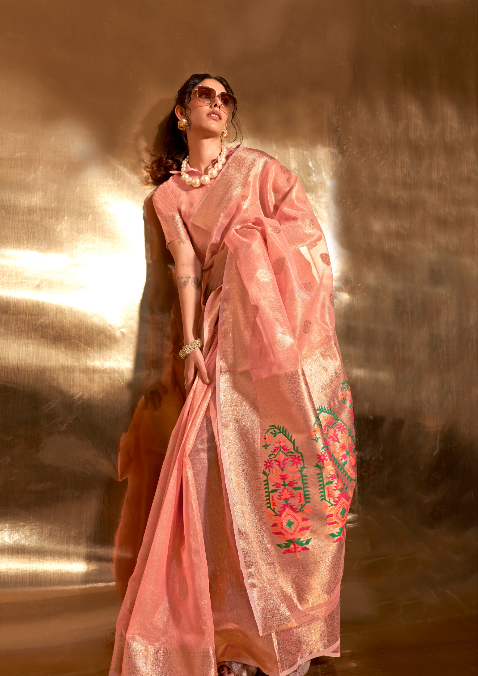 Peach Paithani Zari Tissue Saree