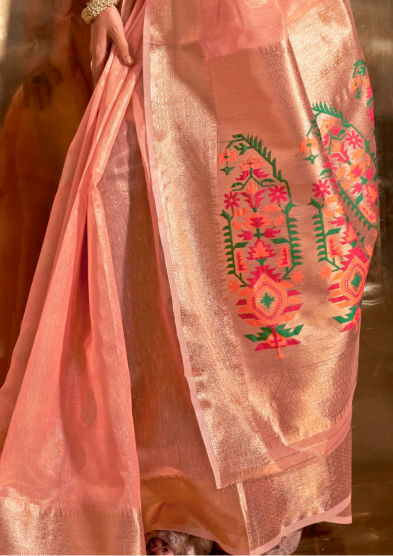 Peach Paithani Zari Tissue Saree