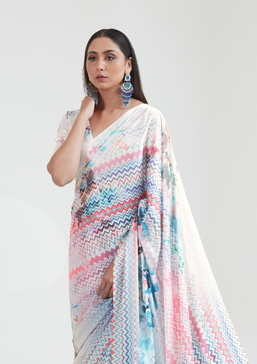 White Digital Print Saree