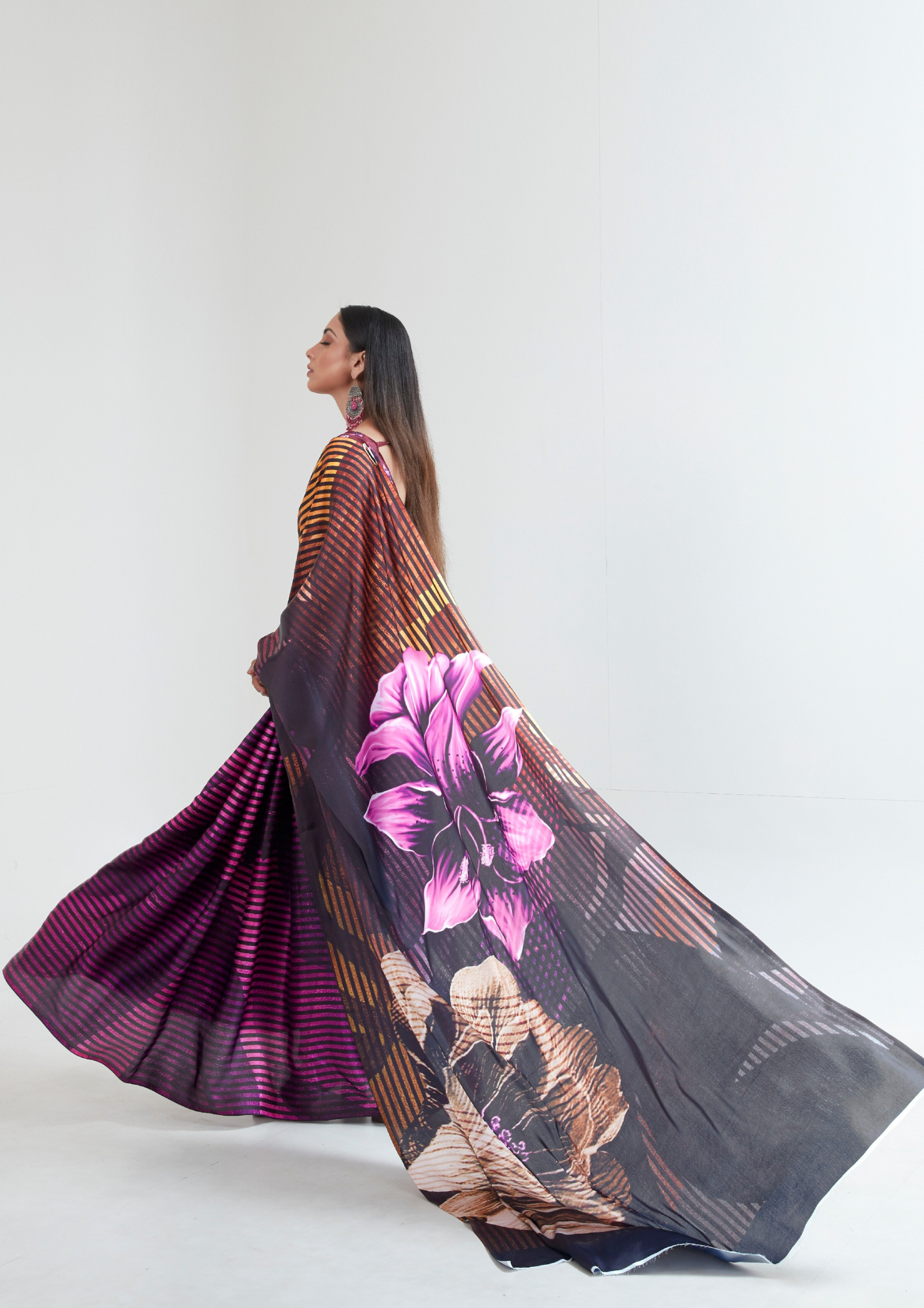 Purple and Orange Digital Print Saree