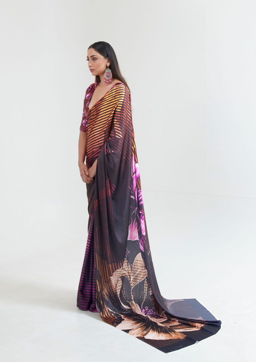 Purple and Orange Digital Print Saree